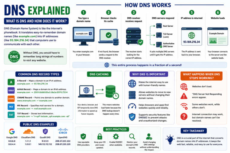 DNS explained with a diagram showing how DNS translates domain names into IP addresses