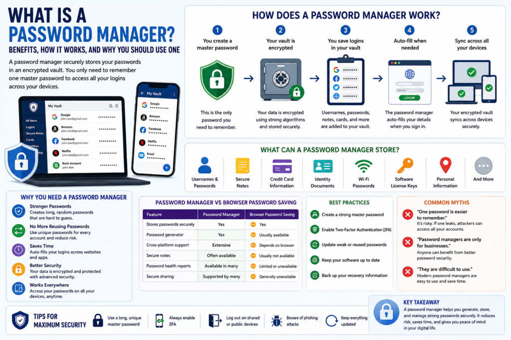 Illustration showing how a password manager securely stores and manages passwords