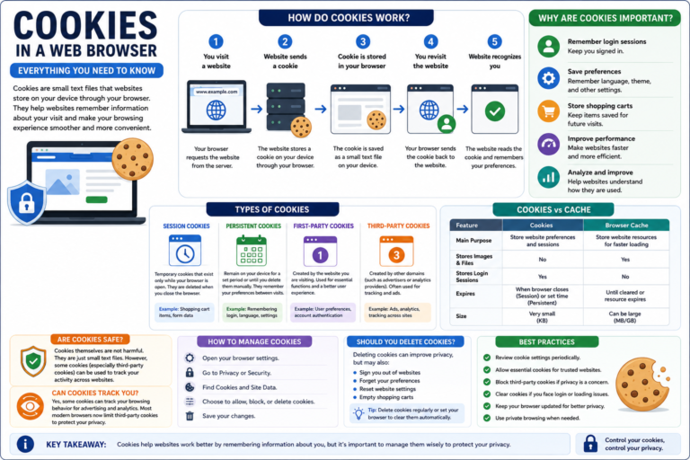 Infographic explaining cookies in a web browser, including session cookies, persistent cookies, first-party cookies, and third-party cookies