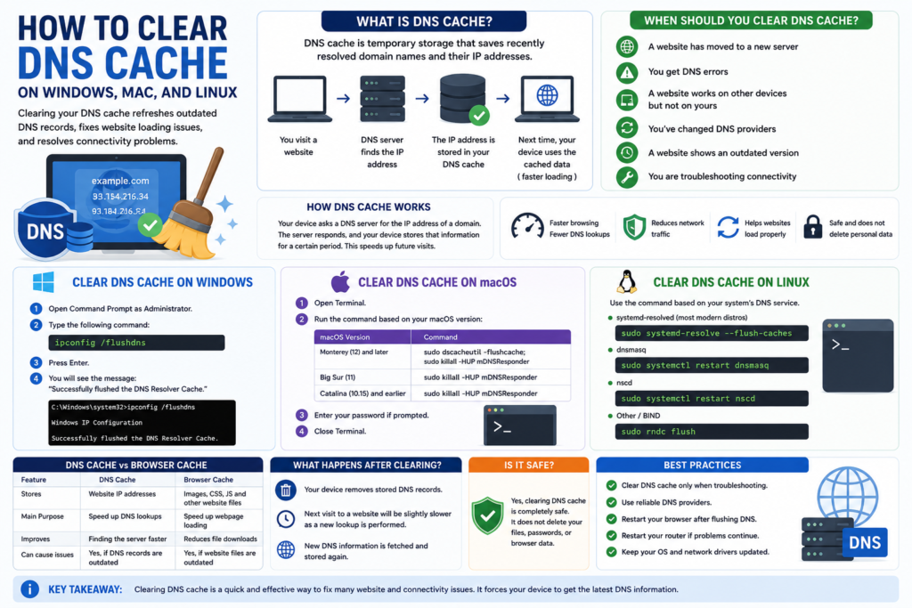 Illustration showing how to clear DNS cache on Windows, macOS, and Linux