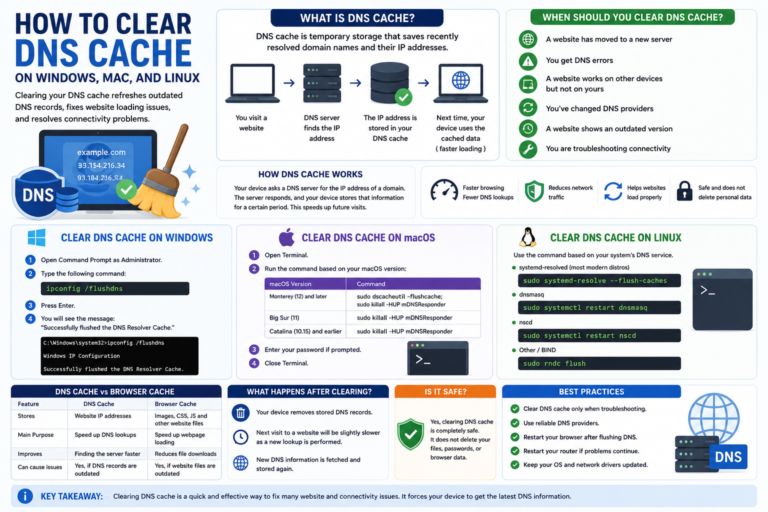 Illustration showing how to clear DNS cache on Windows, macOS, and Linux