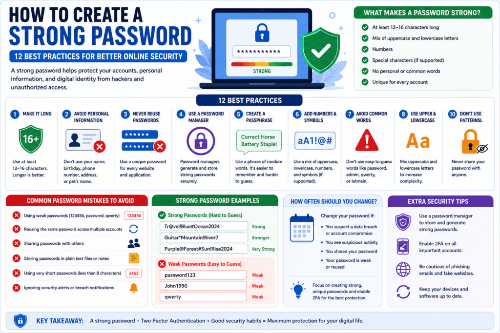 Infographic showing how to create a strong password with password security best practices