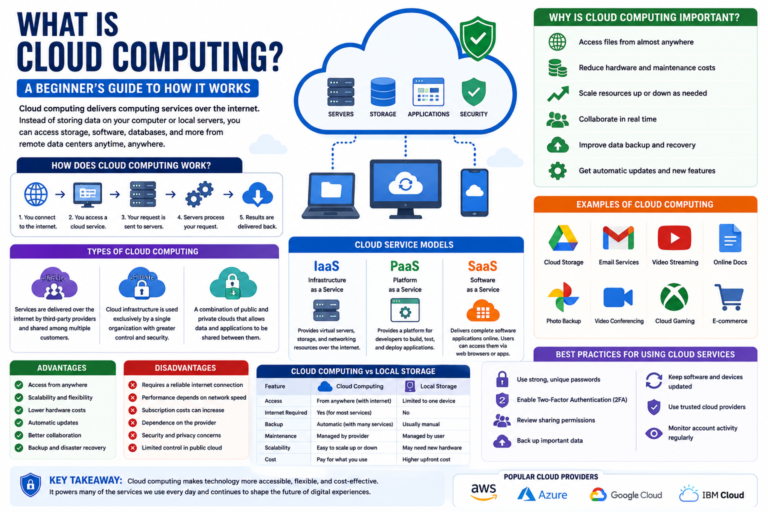 Infographic explaining what cloud computing is, how it works, and the different cloud service models